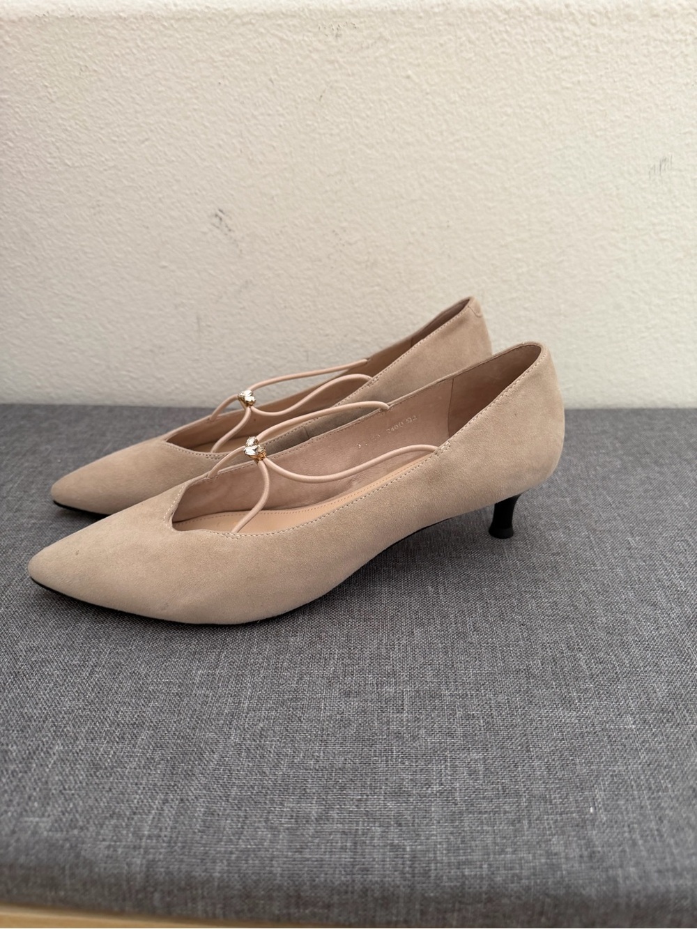 Women's Beige Pointed-Toe Kitten Heel Pumps with Decorative Strap